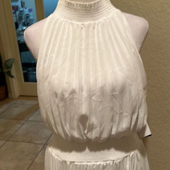 Halogen M High Neck Pleated Blouson Party Dress Bright White Marilyn Monroe New - Picture 4 of 12